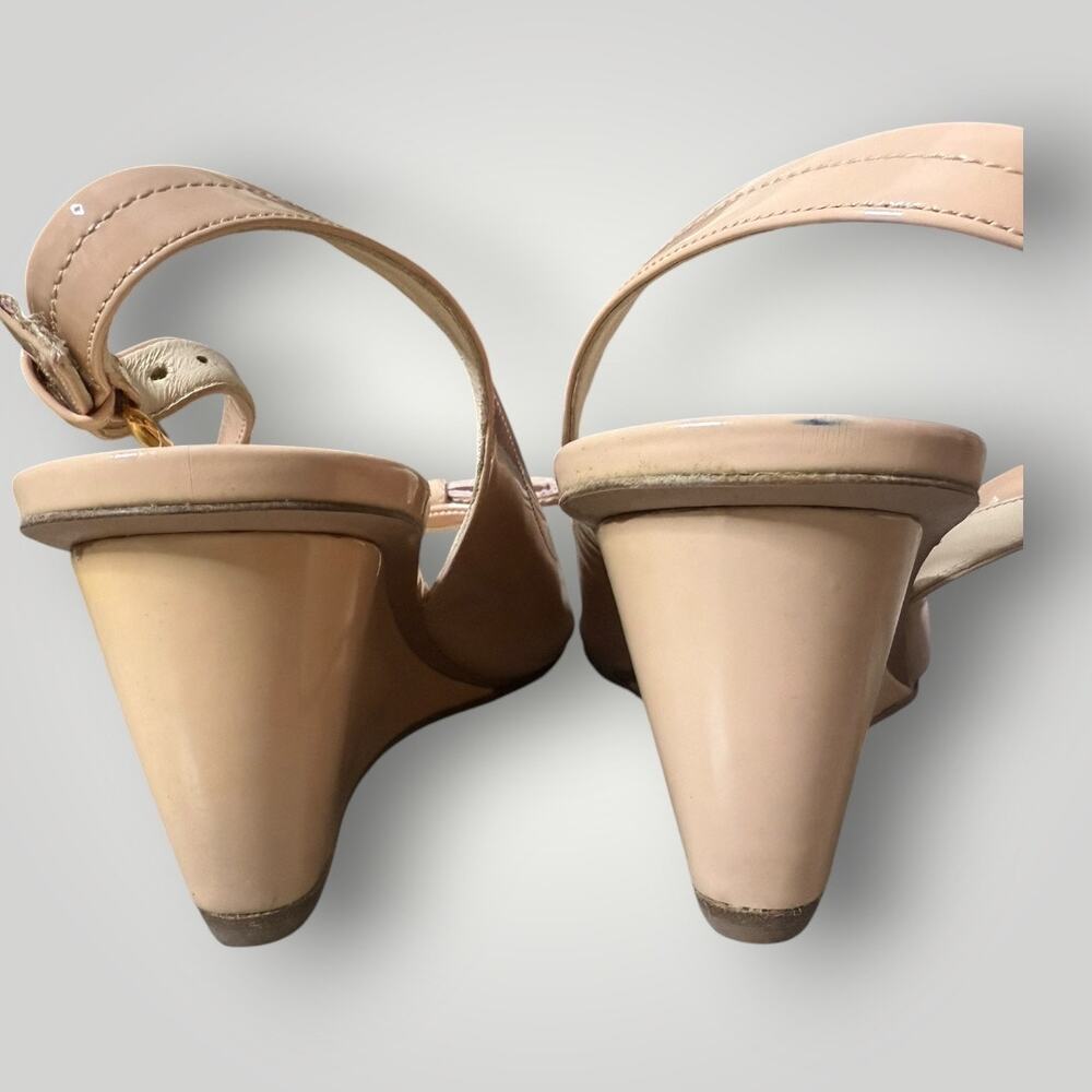 Prada Patent Leather Slingback Wedge Sandals Bow Peep Toe Nude Pink Size 37.5 - Picture 8 of 16